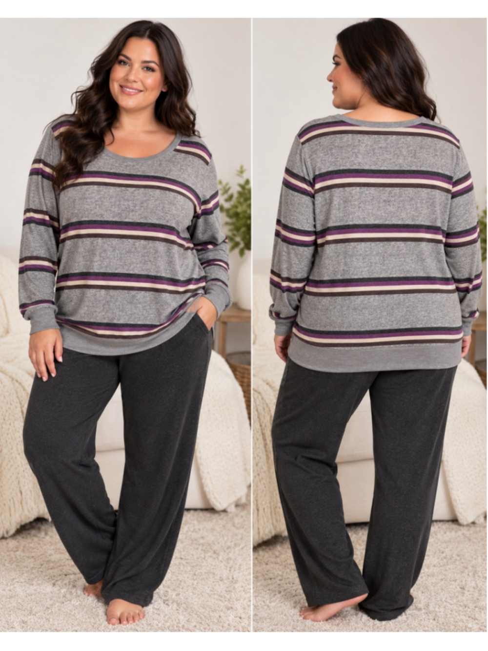 Torrid Sleep Size 2 Plus Gray Retro Stripe Lounge Pajama Top Long Sleeve